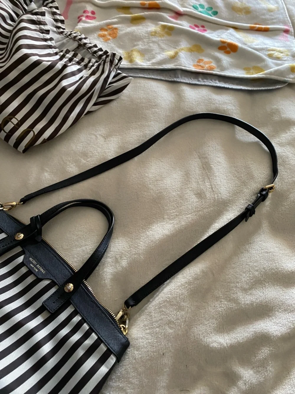 Henri Bendel Black & Cream Striped Satchel with Gold Charm